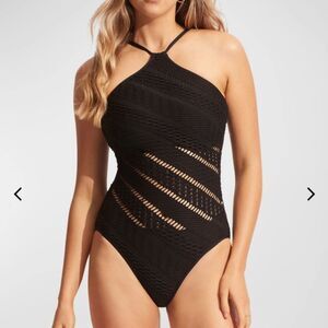 Seafolly black crochet high neck halter swimsuit size USA 6DD/UK 10DD. NWT